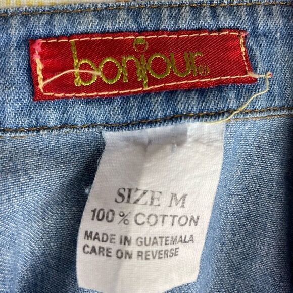 Bonjour Short Sleeve Denim and Floral Button Down Shirt Size M EUC - Picture 5 of 5